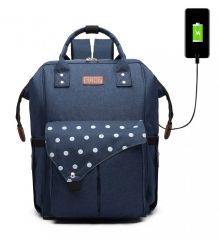 KONO Modrý mateřský batoh s puntíky a USB vhodný i na kočárek