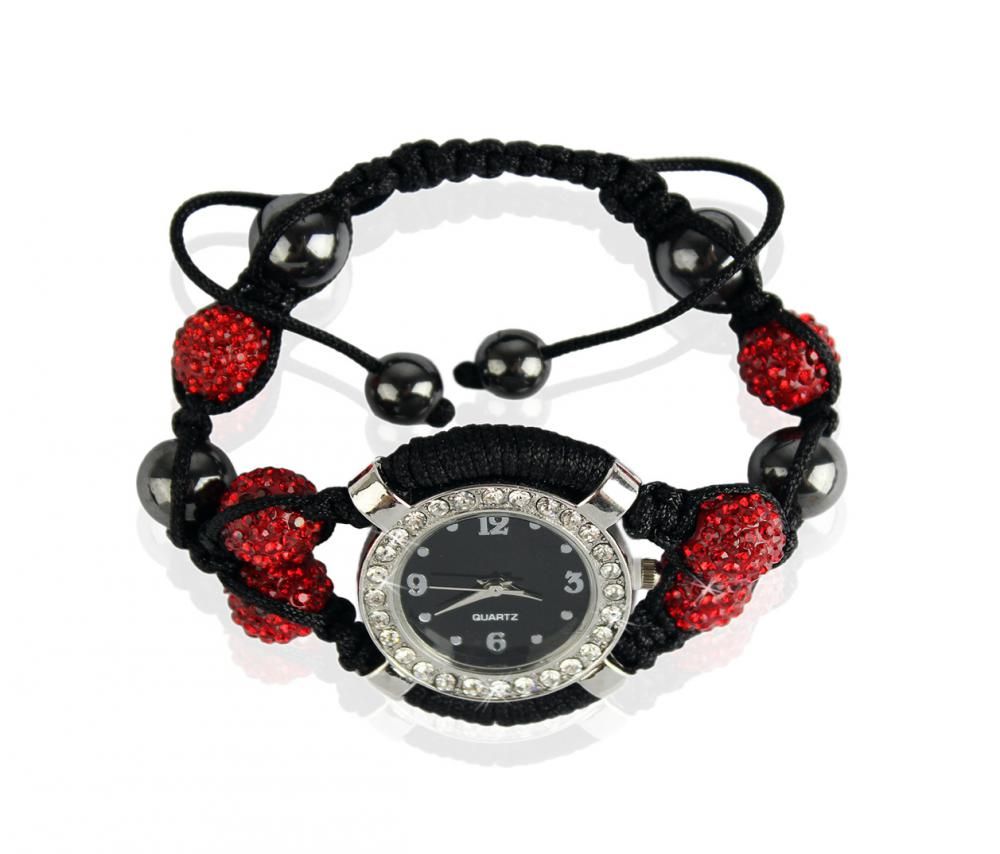 LS Fashion Náramek s hodinkami Shamballa LSB0021 červený