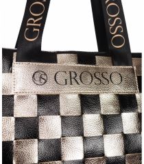 Černo-zlatá měkká shopper dámská kabelka s proplétaným šachovnicovým vzorem S688 GROSSO E-batoh