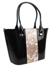Luxusní dámská kabelka černý lak s hnědými kvítky S504 GROSSO E-batoh