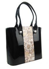 Luxusní velká dámská kabelka černý lak s hnědými kvítky S528 GROSSO E-batoh