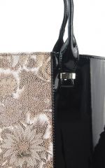 Luxusní velká dámská kabelka černý lak s hnědými kvítky S528 GROSSO E-batoh