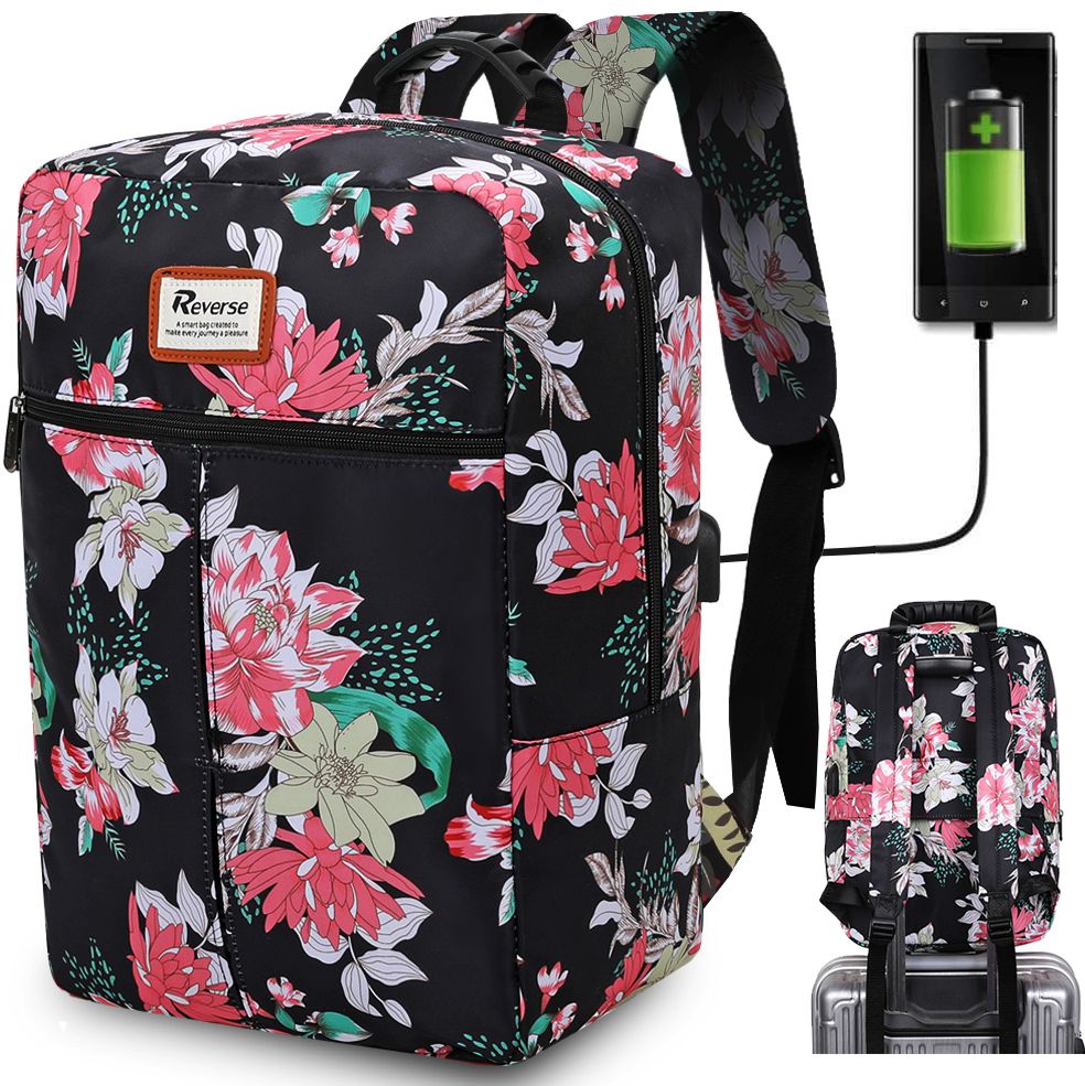 Reverse Příruční zavazadlo - batoh pro RYANAIR 2061 40x25x20 BLACK FLOWERS USB