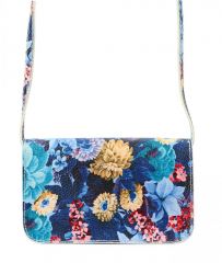 Kožená modrá dámská podélná crossbody kabelka v motivu květů VERA PELLE E-batoh